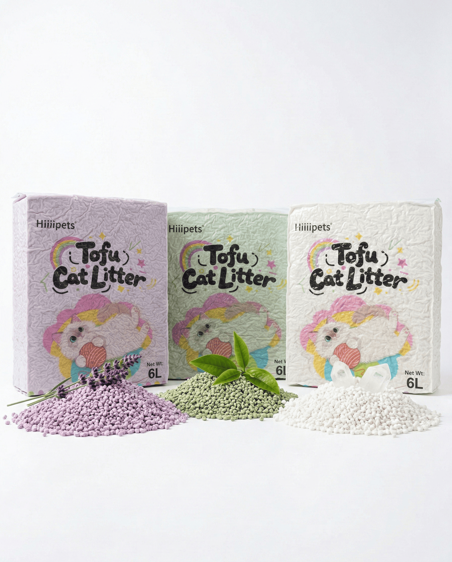 Tres presentaciones de Tofu Cat Litter en formato vertical